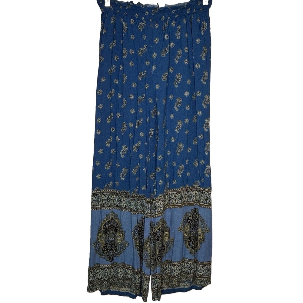 Nostalgia Boho Wide Leg Palazzo Pants LG  Blue Paisley Medallion Boho Festival